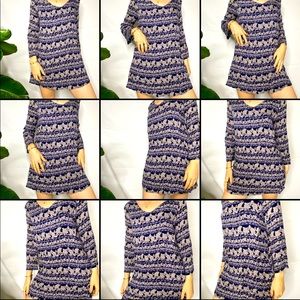 Boho Print Blue Scoop Back 3/4 Length Dress